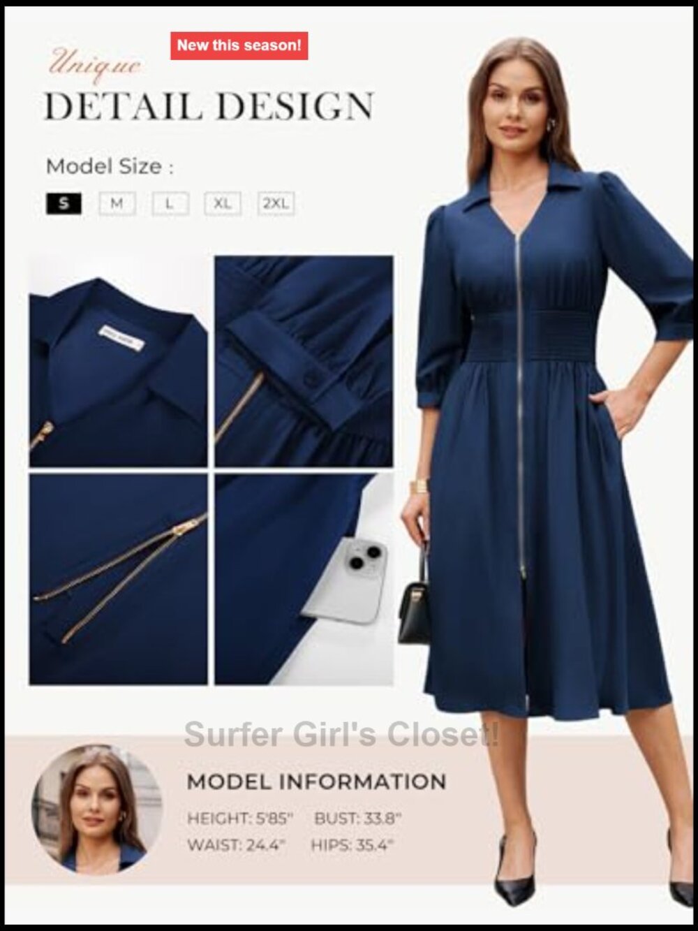 Midi Dress A-Line Work Dress 3/4 Sleeve Zipper Smocked Waist Pockets - Picture 5 of 7